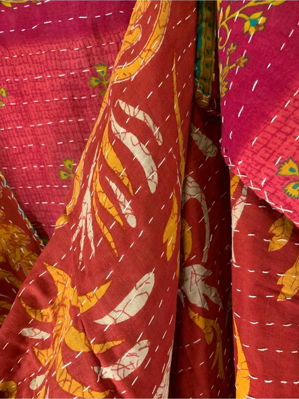 Handmade Kantha Quilt Twin Size Recycled Sari Cotton Magenta Rust Gold Tan